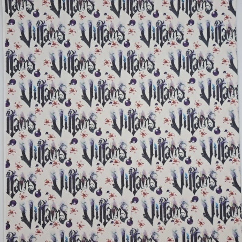 May include: A white background with a repeating pattern of the word "Villains" in black script. The word is surrounded by purple and red accents.