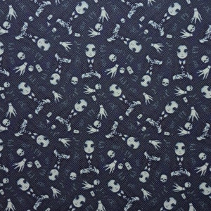 May include: Dark navy fabric with a repeating pattern of white skeleton figures, skulls, and hands. The design has a textured appearance, creating a spooky and unique aesthetic. This fabric is suitable for Halloween-themed crafts and apparel.