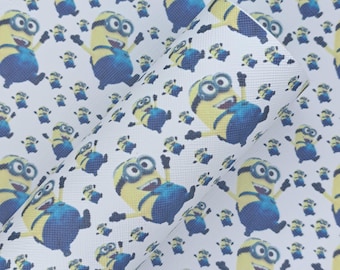 May include: White fabric with a repeating pattern of yellow Minions with blue overalls. The Minions are smiling and have large eyes.