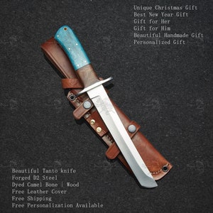Beautiful Handmade Tanto Knife D2 Steel Leather Cover Included Hunting Knife Camping Knife Christmas Personalized Happy New year Gift