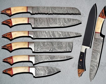 Beautifully Customized Handmade Damascus Steel Bone handle Kitchen Chef Knives Set Happy New year Gift Idea for Her Him for Dad, Son, Friend