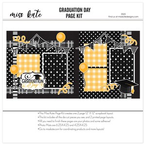May include: A graduation-themed scrapbook page kit with a black and white polka dot background, yellow accents, and the text "Graduation Day." Includes die-cut pieces, printed layouts, and photo mats. The kit creates a 12" x 12" scrapbook layout.