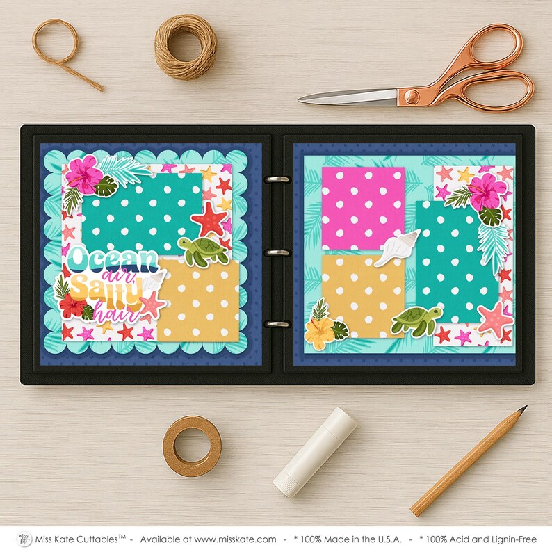 Ocean Air, Salty Hair scrapbook page kit — acid-free double-sided scrapbook supplies, Scrapbooking Kit, Beach Memory Page, layered die cut titles for themed layouts, scrapbooking ephemera and cardstock cutouts, Starfish Stickers, 12x12 Scrapbook Kit, Summer Scrapbook, Salty Hair Scrapbook, coordinated background patterns and journaling spots, Floral Embellish, Coastal Scrapbook, Tropical Scrap Kit, Beach Scrapbook, creative accents for scrapbook storytelling