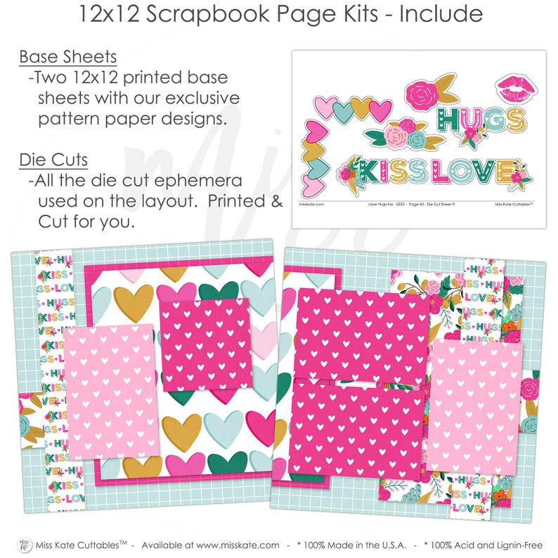Love Hugs Kiss | 12x12 Scrapbook Page Kit Valentine Scrapbook Supplies ...