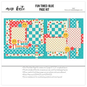 May include: A scrapbook page kit with a blue, red, yellow, and white color scheme. The kit includes a variety of patterned papers, die cuts, and photo mats. The kit is designed for a 12x12 scrapbook layout. The text "Fun Times-Blue Page Kit" is at the top of the image.