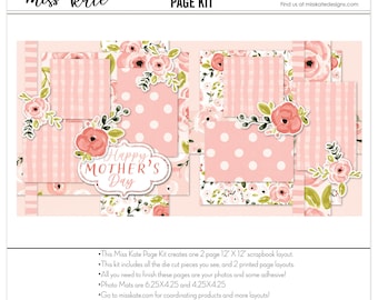 Happy Mother’s Day - 12x12 Scrapbook Page Kit Floral Scrapbook Pink Paper Gingham Layout DIY Scrapbook Mothers Day Album