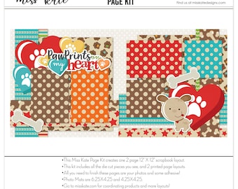 May include: A digital scrapbooking page kit with a dog theme. The kit includes a variety of papers, die cuts, and embellishments in red, brown, blue, and yellow. The title of the kit is "Paw Prints on My Heart-Dog".