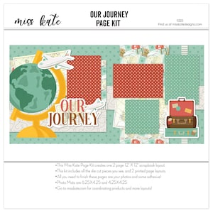 May include: A scrapbook page kit with a travel theme. The kit includes a globe, an airplane, a suitcase, and maps. The kit is designed to create two 12x12 scrapbook pages. The kit includes die-cut pieces, printed page layouts, and photo mats.