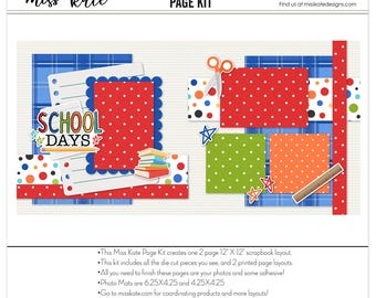 Puede incluir: Kit de páginas de scrapbook "SCHOOL DAYS" de "miss kate." Incluye papel de lunares rojos y cuadrados verdes, tijeras, estrellas y una regla. El kit crea un diseño de scrapbook de 30,48 cm x 30,48 cm.
