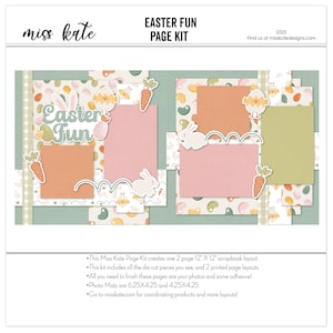 May include: A digital scrapbook page kit with a green, white, and pink color scheme. The kit includes a title that says "Easter Fun" and images of bunnies, carrots, and jelly beans. The kit is designed to create a 12x12 scrapbook layout.