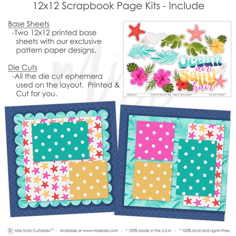 This Ocean Air, Salty Hair kit features — acid-free double-sided scrapbook supplies, Tropical Scrap Kit, Beach Scrapbook, Vacation Scrapbook, handmade elements for DIY photo albums, Floral Embellish, seasonal scrapbook page kits and die cuts, Photo Page Kit, pastel paper embellishments and photo mats, Scrapbooking Kit, Summer Scrapbook, Coastal Scrapbook, Starfish Stickers, Beach Memory Page, scrapbooking ephemera and cardstock cutouts, Ocean Page Kit
