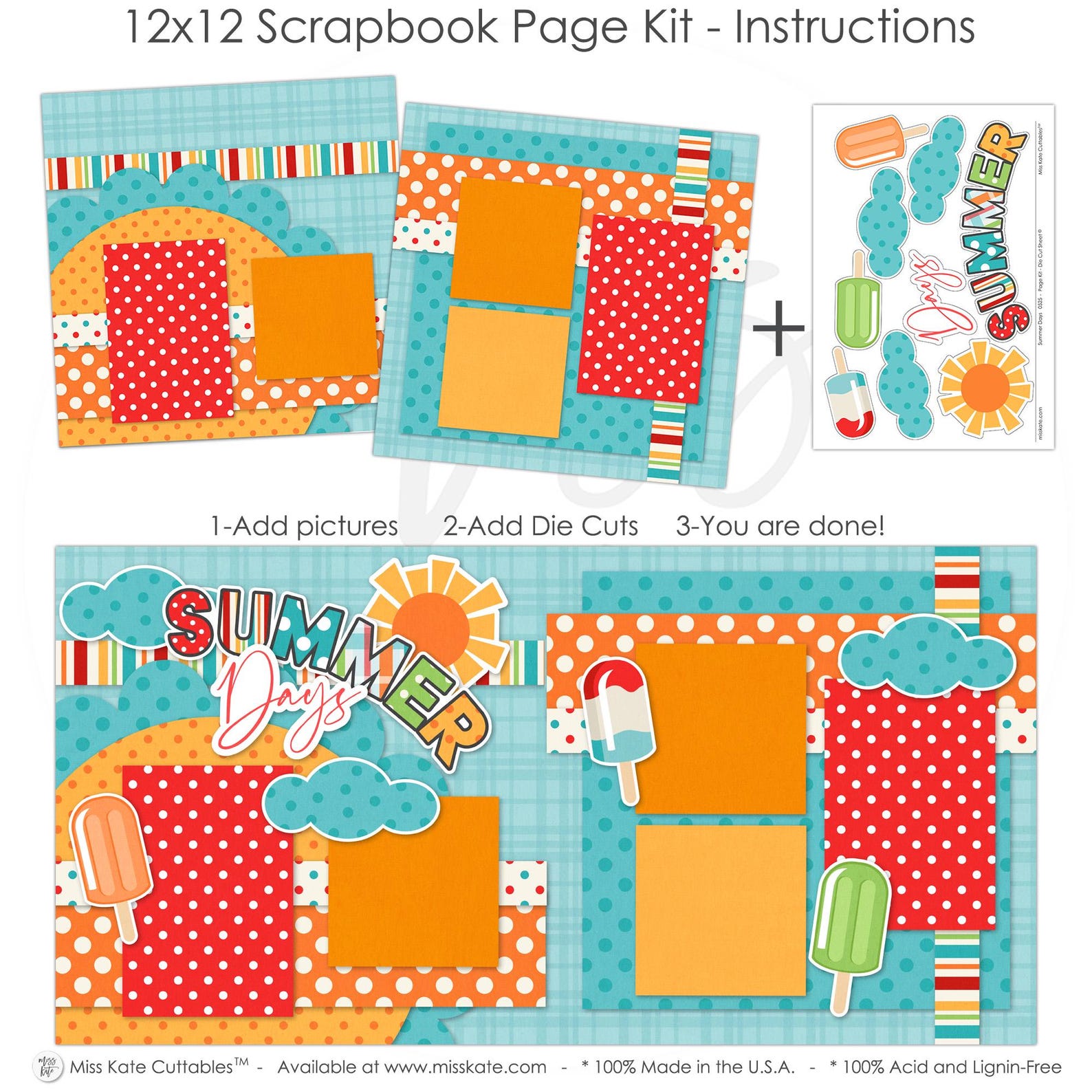 Summer Days - 12x12 Scrapbook Page Kit – Popsicle Theme, Vacation Album ...