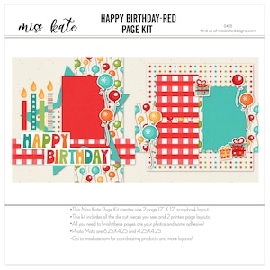 May include: A digital scrapbooking kit with a red, white, and blue color scheme. The kit includes a title page with the words "Happy Birthday" and a second page with a checkered pattern and a photo frame. The kit is designed for 12x12 scrapbook pages.