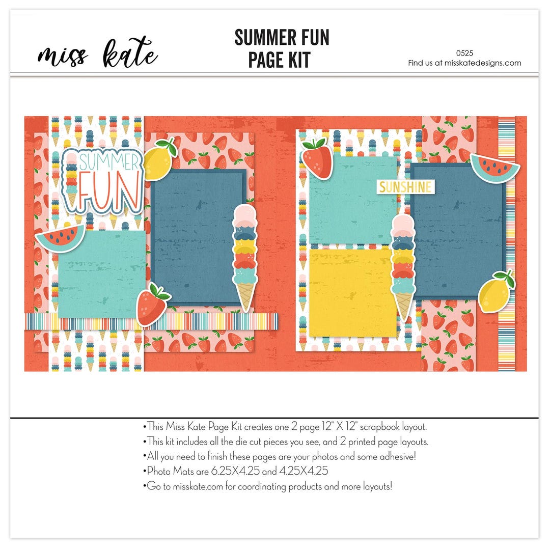 Summer Fun 12x12 Scrapbook Page Kit With Ice Cream, Watermelon, and ...
