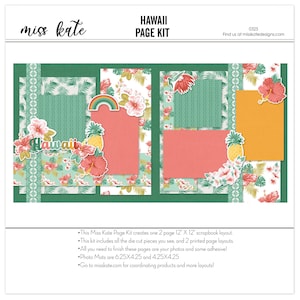 May include: A scrapbook page kit with a Hawaiian theme. The kit includes die-cut pieces, printed page layouts, and photo mats. The design features tropical flowers, pineapples, and the word "Hawaii". The photo mats measure 6.25 x 4.25 inches and 4.25 x 4.25 inches.