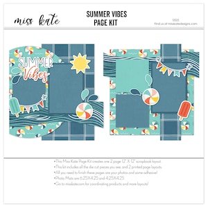 May include: A digital scrapbooking page kit with a summer theme. The kit includes two 12x12 inch scrapbook layouts with a blue and green color scheme. The layouts feature a variety of summer-themed elements, including beach balls, popsicles, and flags. The text "Summer Vibes" is featured on the page.