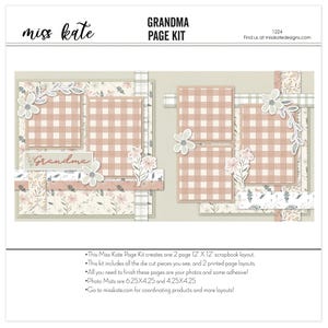 May include: A scrapbook page kit with a pink and white gingham pattern and floral accents. The kit includes two 12x12 inch pages, die cuts, and printed page layouts. The kit is designed for scrapbooking and includes the text "Grandma".