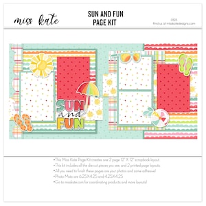 May include: A scrapbook page kit with a summer theme. The design includes a sun, sunglasses, flip-flops, and a beach ball. The text "SUN and FUN" is prominently displayed. The kit creates a 12" x 12" scrapbook layout.
