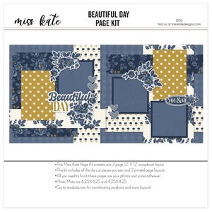 May include: A scrapbook page kit with a navy blue, white, and gold color scheme. The kit includes die-cut pieces, printed layouts, and photo mats. The words "Beautiful Day" and "You & Me" are featured. The kit creates a 12" x 12" scrapbook layout.