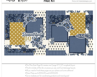 Beautiful Day - 12x12 Scrapbook Page Kit – Wedding Album, Blue Gold Layout, Romantic Scrapbook, DIY Scrapbook, Love Scrapbook