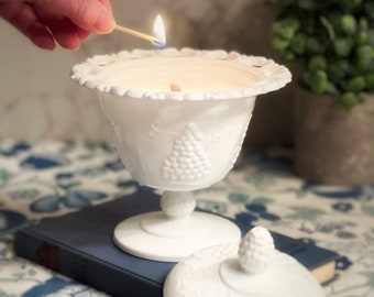 Vintage Candle, Milk Glass Candy Dish, Farmhouse Decor, Gift for Mom, Hostess Gift