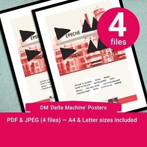 Op de afbeelding: Vier afdrukbare posters met de albumhoes van de band Depeche Mode voor hun album 'Delta Machine'. De posters zijn in zwart-wit met rode accenten. De albumtitel is in zwart-wit geschreven. De posters zijn verkrijgbaar in A4 en Letter formaat.
