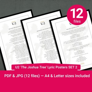 Letras de canciones de U2 de 'The Joshua Tree'. Carteles de letras imprimibles. Juego 2 (pistas 4–6). A4 y carta estadounidense incluidos. Formatos de archivo PDF y JPEG.