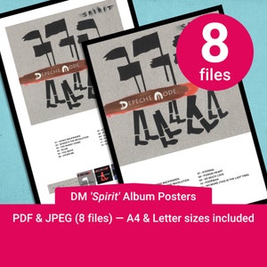 Op de afbeelding: Een set van 8 printbare posters met de albumhoes van Depeche Mode voor "Spirit". De posters zijn in zwart-wit en tonen de bandnaam en de albumtitel in een vetgedrukt, sans-serif lettertype. De posters zijn verkrijgbaar in A4- en Letterformaat.