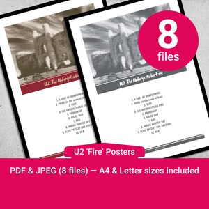 Póster imprimible de U2 'El fuego inolvidable'. Formatos de archivo PDF y JPEG (300dpi), A4 y US Letter, color y blanco y negro, todo incluido.