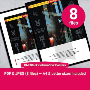 Pósteres de Depeche Mode 'BLACK CELEBRATION' en tamaños A4 y carta estadounidense (todos con calidad de 300 ppp). Se incluyen 2 estilos, todos en formato pdf y jpg.