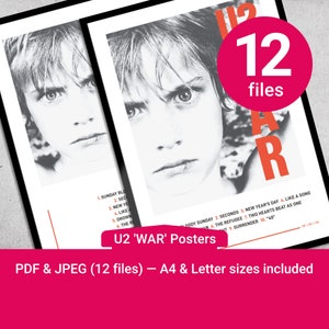 Carteles imprimibles U2 'WAR' en formatos pdf y jpeg (300dpi). Tamaños de carta A4 y US incluidos. Versiones en blanco y negro incluidas.