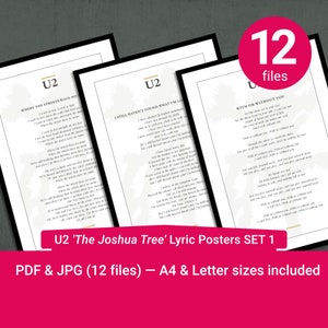 U2 Songtext von 'The Joshua Tree'. Druckbare Lyric Poster. Set 1 (Tracks 1-3). A4 und US letter inklusive. PDF & JPEG Dateiformate.