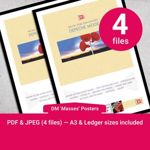 Op de afbeelding: Een set van vier printbare posters met de albumhoes van "Music for the Masses" van Depeche Mode. De posters zijn beschikbaar in PDF- en JPEG-formaat en omvatten A3- en Ledger-formaten. De albumhoes toont een zonsondergang met een rode en witte luidspreker.