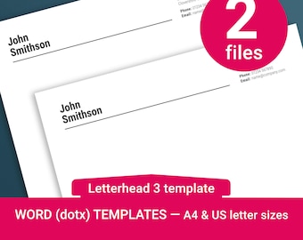 May include: Two blank letterhead templates in a Word document format. The templates are designed for A4 and US letter sizes. The text "John Smithson" is at the top of each template.