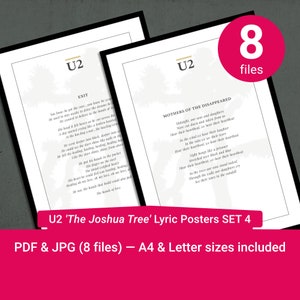 Letras de canciones de U2 de 'The Joshua Tree'. Carteles de letras imprimibles. Juego 4 (pistas 10–11). A4 y carta estadounidense incluidos. Formatos de archivo PDF y JPEG.