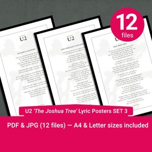 Letras de canciones de U2 de 'The Joshua Tree'. Carteles de letras imprimibles. Juego 3 (pistas 7–9). A4 y carta estadounidense incluidos. Formatos de archivo PDF y JPEG.