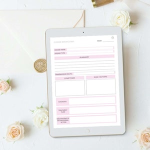 May include: A digital tablet with a white background and pink accents. The tablet displays a printable disease breakdown template with sections for disease name, type, transmission route, symptoms, risk factors, diagnosis, treatment plan, and mechanisms of antimicrobial action.