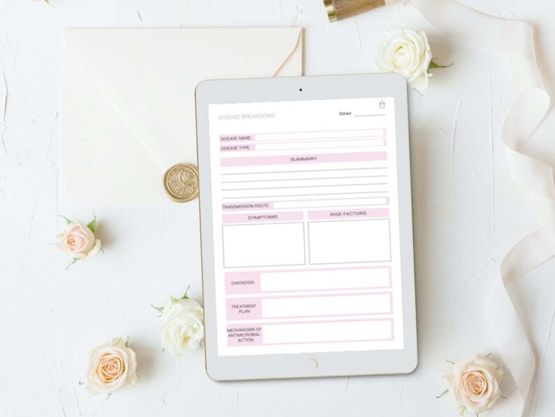 May include: A digital tablet with a white background and pink accents. The tablet displays a printable disease breakdown template with sections for disease name, type, transmission route, symptoms, risk factors, diagnosis, treatment plan, and mechanisms of antimicrobial action.