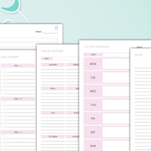 May include: A printable planner with sections for goal planning, an annual overview, and a weekly schedule. The planner has a pink and white color scheme and includes the text "Let's Get Organized".