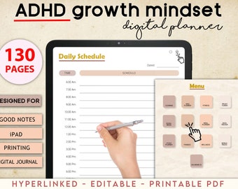 May include: A digital planner for iPad with 130 pages, designed for Good Notes. The planner features a daily schedule, a menu with options for cleaning, fitness, meal planning, and more. The planner is hyperlinked, editable, and printable.
