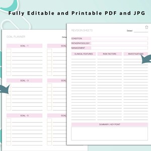May include: Printable goal planner and revision sheets with tickable boxes. The planner has sections for goals, clinical features, risk factors, and investigations. The revision sheets have a section for summary and key points.