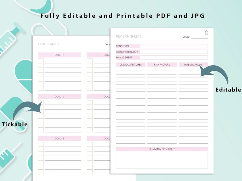 May include: Printable goal planner and revision sheets with tickable boxes. The planner has sections for goals, clinical features, risk factors, and investigations. The revision sheets have a section for summary and key points.