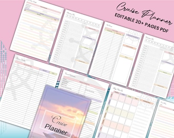 May include: A printable cruise planner with 20+ pages in a PDF format. The cover features a sunset over the ocean with a cruise ship in the foreground. The planner includes pages for itinerary, packing list, shore excursions, and more.