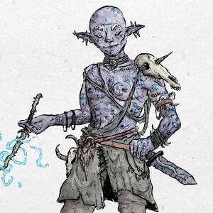 Puede incluir: Ilustraci&oacute;n de una criatura humanoide con piel azul y orejas puntiagudas. El personaje lleva tatuajes, una hombrera de hueso y sostiene un bast&oacute;n azul brillante y una espada. Ropa desgarrada, botas y taparrabos.