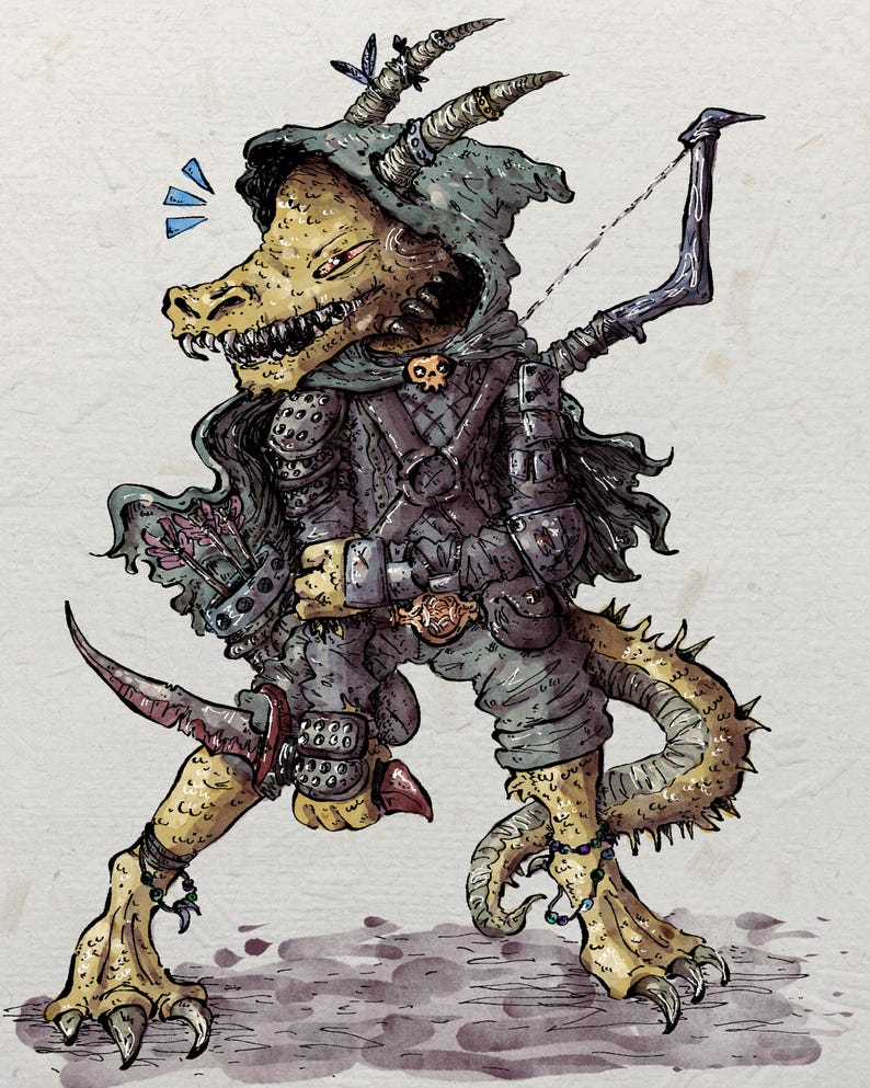 Puede incluir: Ilustraci&oacute;n de una criatura fant&aacute;stica con cabeza de reptil, que lleva armadura y una capa con capucha. Lleva un arco y una daga. La criatura es amarilla y gris, con un dise&ntilde;o detallado y un tema medieval.