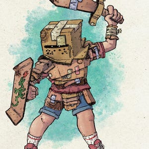 Puede incluir: Ilustraci&oacute;n de un personaje guerrero con una cabeza de caja de cart&oacute;n, empu&ntilde;ando una espada y un escudo de cart&oacute;n. El escudo presenta un drag&oacute;n verde. El guerrero lleva un atuendo de retazos, pantalones cortos de mezclilla y zapatillas rojas.