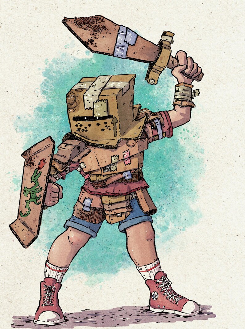 Puede incluir: Ilustraci&oacute;n de un personaje guerrero con una cabeza de caja de cart&oacute;n, empu&ntilde;ando una espada y un escudo de cart&oacute;n. El escudo presenta un drag&oacute;n verde. El guerrero lleva un atuendo de retazos, pantalones cortos de mezclilla y zapatillas rojas.