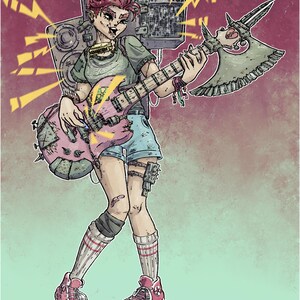 Puede incluir: Ilustraci&oacute;n de un personaje de punk rock con pelo rosa, sosteniendo una guitarra rosa y un hacha. El personaje lleva una camiseta verde, pantalones cortos de mezclilla y zapatillas rosas. Un altavoz y rayos est&aacute;n en el fondo.