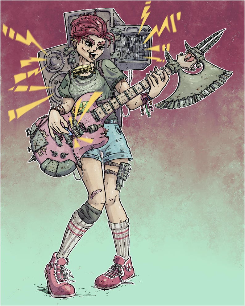 Puede incluir: Ilustraci&oacute;n de un personaje de punk rock con pelo rosa, sosteniendo una guitarra rosa y un hacha. El personaje lleva una camiseta verde, pantalones cortos de mezclilla y zapatillas rosas. Un altavoz y rayos est&aacute;n en el fondo.