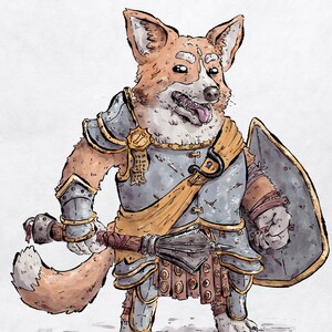 Puede incluir: Ilustraci&oacute;n digital de un perro corgi vestido con armadura medieval, sosteniendo una maza y un escudo. El perro tiene un pelaje marr&oacute;n y blanco, con la lengua afuera. La armadura es gris y dorada, con un cintur&oacute;n de cuero marr&oacute;n.